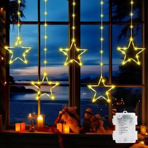 Tokmali 5 Sterne Lichtervorhang Fenster,1.2M+1M Sternenvorhang Batterie, IP65 Outdoor Weihnachtsbeleuchtung mit Timer Funktion,8 Modi Weihnachtsdeko Sterne für Weihnachten, Fenster(Warmweiß)