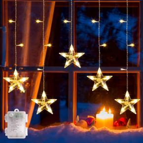 Tokmali Sterne Vorhanglichter Fenster Weihnachtsbeleuchtung 8 Modi Lichterkette Batterie, IP44 Wasserdicht Lichtervorhang mit Timing Funktion für Fenster/Innen/Hochzeit/Weihnachten/Balkon, LED